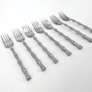 Oxford Hall Bamboo Handle Forks Set of 7 Stainless Steel Japan Vintage 7.25in